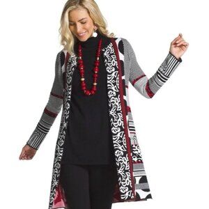 Chico’s Black Red Mixed Pattern Geometric Natasha Cardigan Size 1